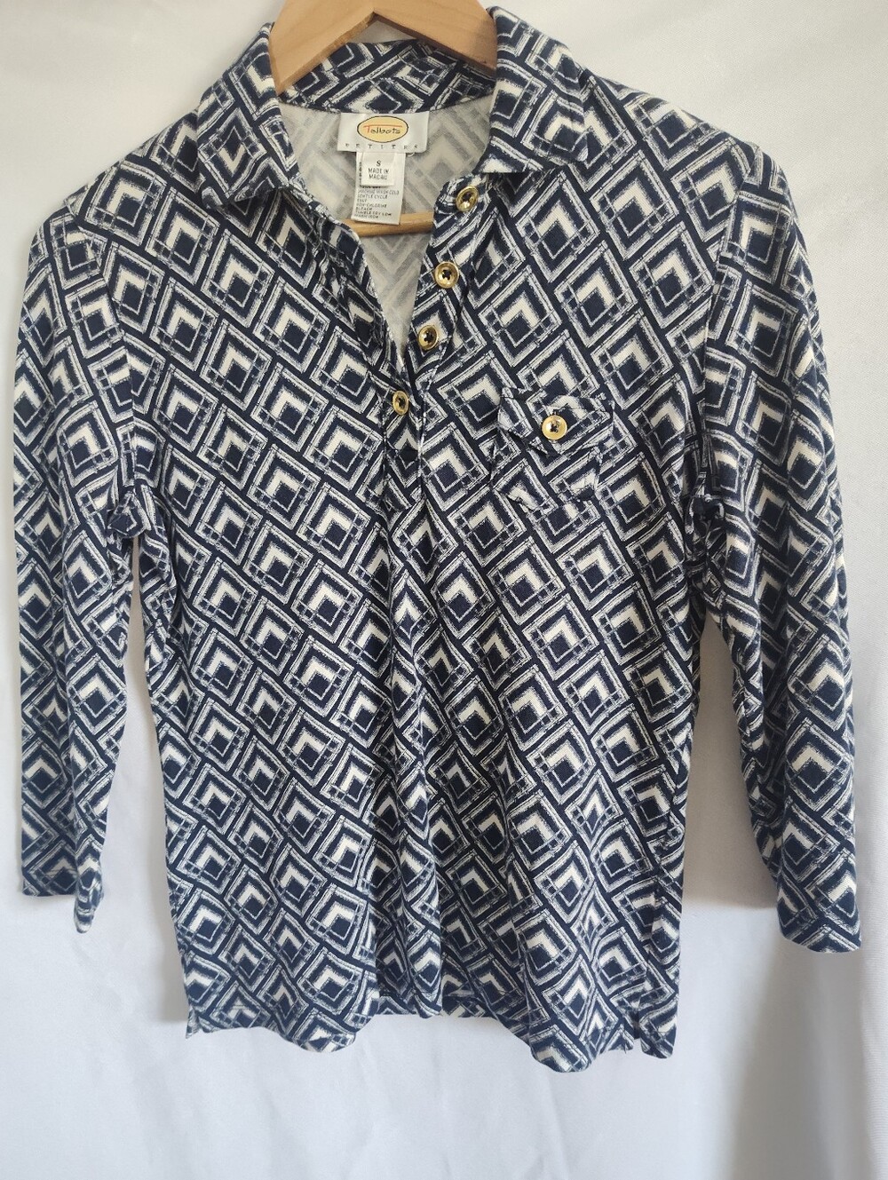 Talbots Petites S Blue White Geometric Collared 3/4 Sleeve Button Front Blouse
